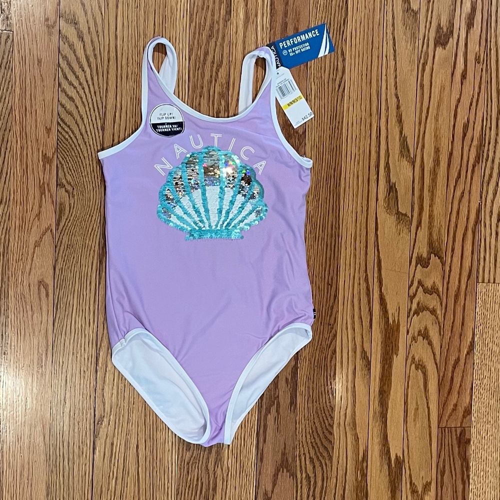 NWT Nautica Girls 8/10 one piece swimsuit, flippabble sequin seashell - Picture 2 of 4
